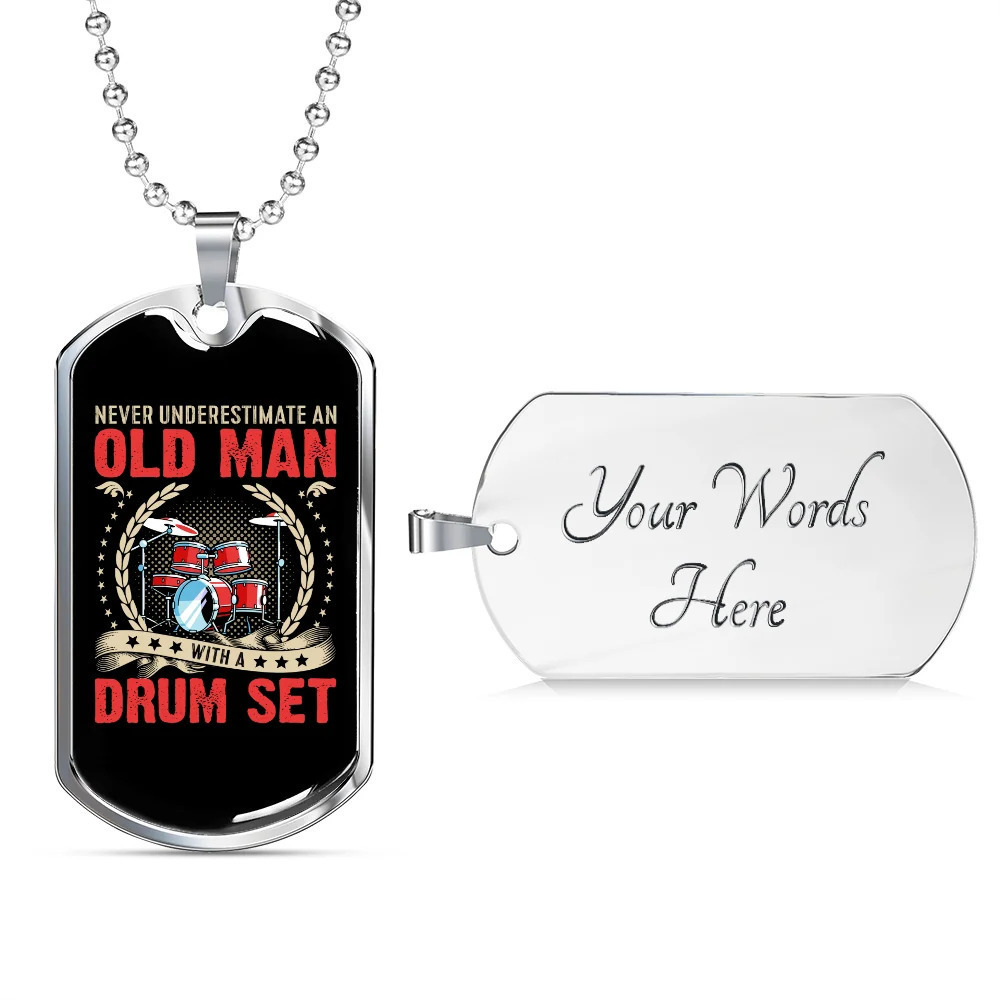 Drummer Necklace Old Man Drumset Red Personalized Engraved Silver Dog Tag Neckl